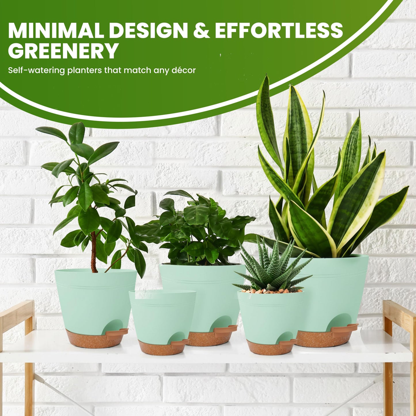 Utopia Home Self Watering Pots for Indoor Plants, Planters for Indoor Plants, Multi-Size Flowerpot, Set of 5 Plant Pots with Drainage & Reservoir, 6.8"/6.4"/5.9"/5.5"/4.9" (Olive Green)