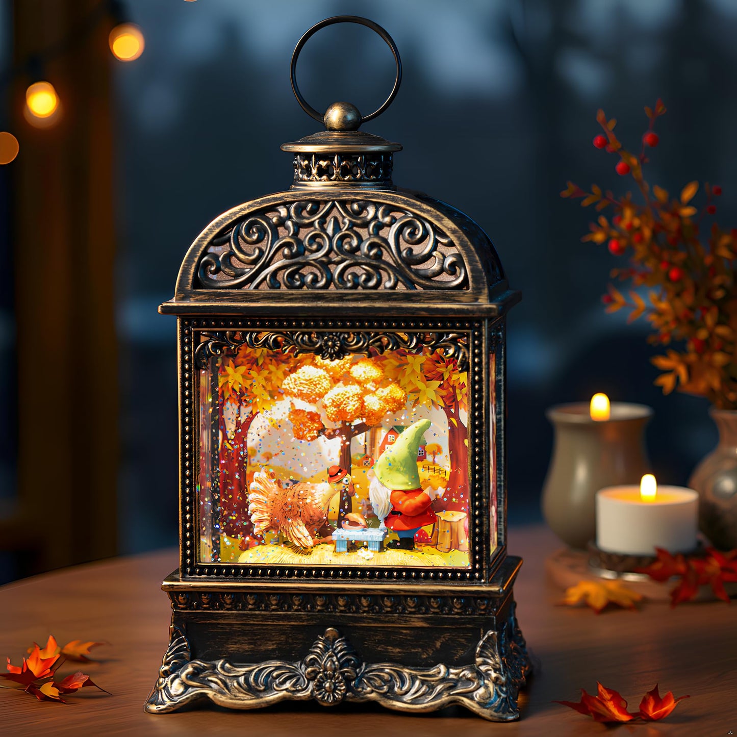 Fall Decor Snow Globe Lantern, Thanksgiving Decoration Swirling Glitter Gnome Snow Globe with Turkey, Harvest Day Gifts, Home Fall Halloween Decor