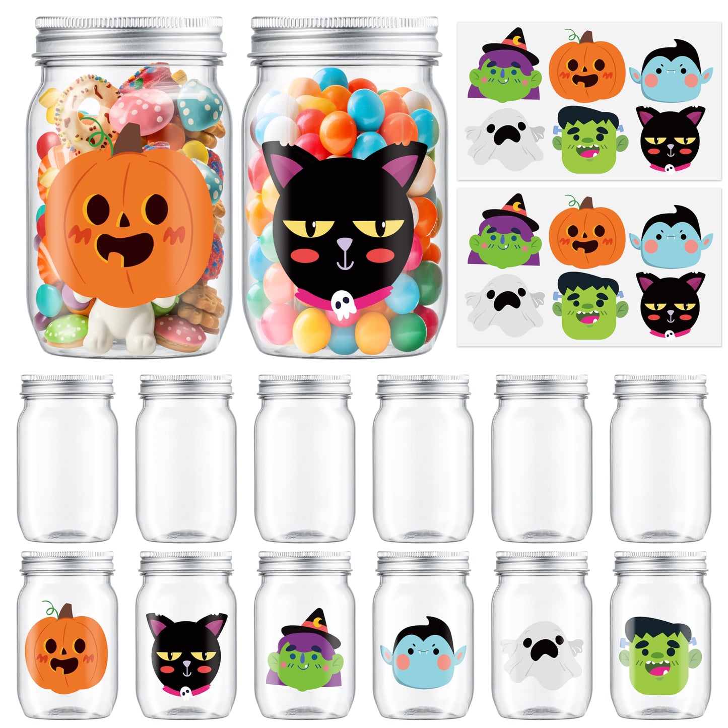 JAPBOR Halloween Candy Jars Containers - 14PCS Halloween Small Plastic Cookie Candy Jar with Lid Pumpkin Ghost Sticker Decoration, DIY Sugar Storage Dish Craft, Party Favor Gift Bottle Decor