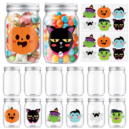 JAPBOR Halloween Candy Jars Containers - 14PCS Halloween Small Plastic Cookie Candy Jar with Lid Pumpkin Ghost Sticker Decoration, DIY Sugar Storage Dish Craft, Party Favor Gift Bottle Decor