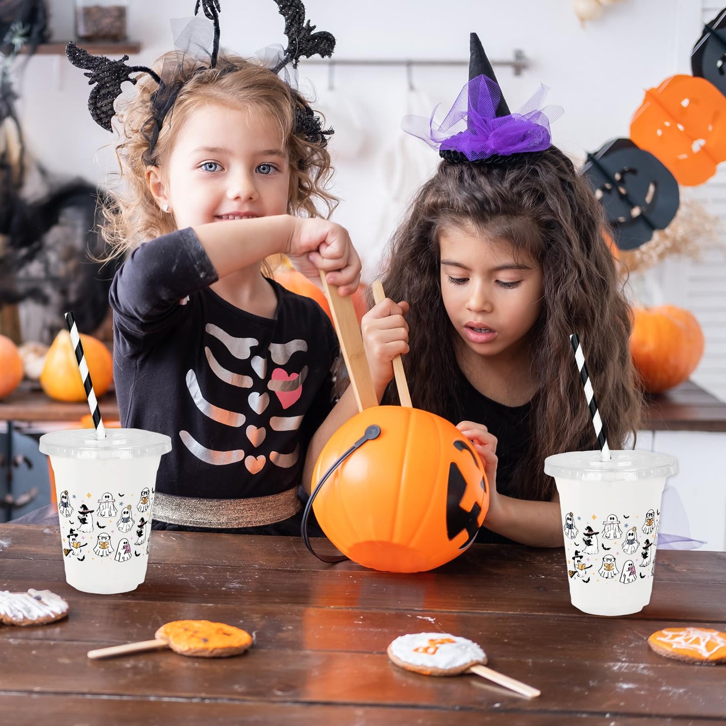 Whaline 50 Pcs Halloween Disposable Plastic Cups with Lids and Straws Spooky Reading Book Ghost Theme Cold Beverage Drinking Cups for Trick or Treat Birthday Party Supplies