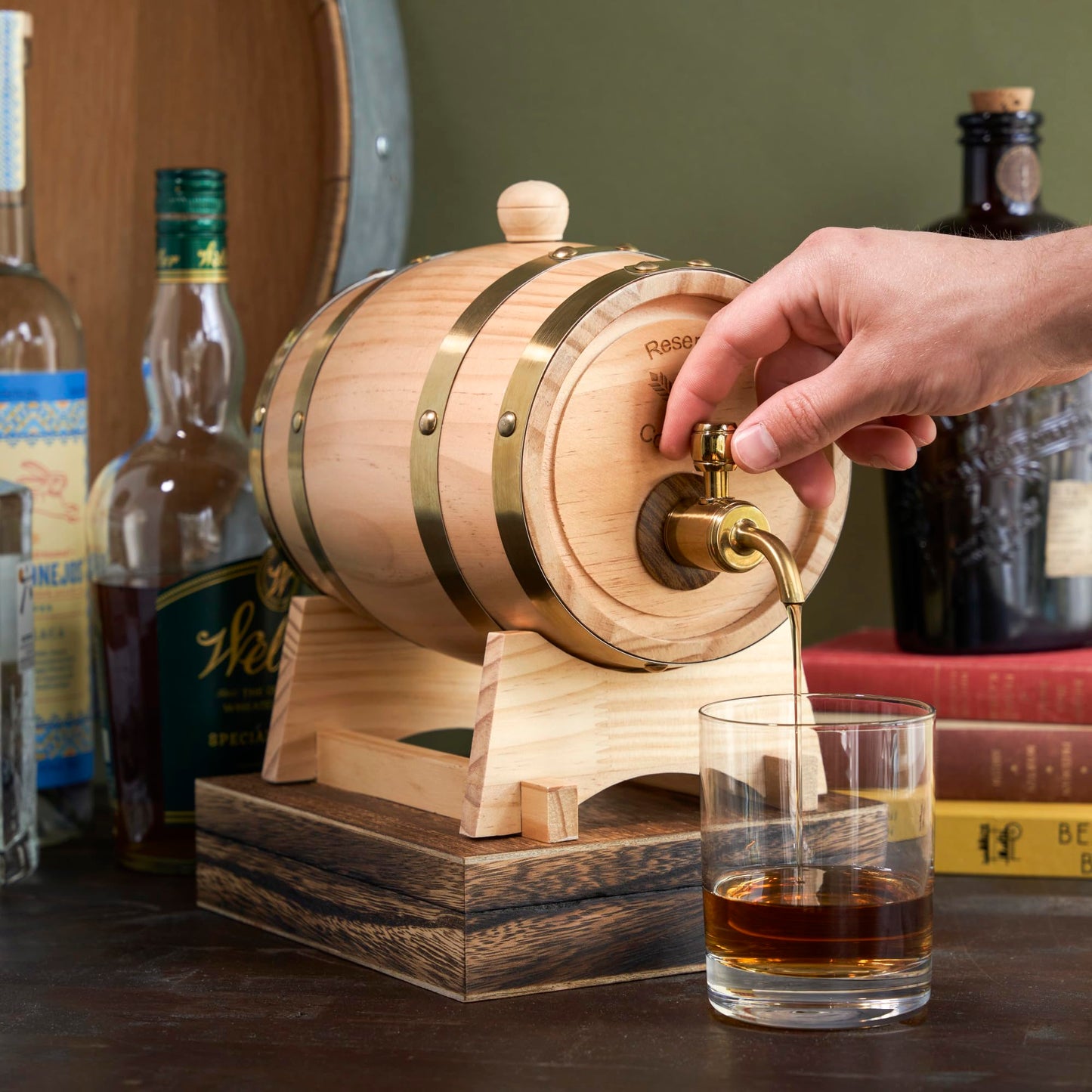 Foster & Rye Wooden Barrel for Whiskey, Whiskey Infusion Bourbon Barrel Moonshine Jug with Spigot, Liquor Dispenser Beverage Barrel - Holds 750mL Set of 1