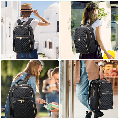 Kuosdaz Laptop Backpack for Women, School Backpack for Teen Girls, 15.6 Inch Quilted Work Backpack Purse, Large Anti-theft Bookbag for Students, Casual Daypacks for Women,Black