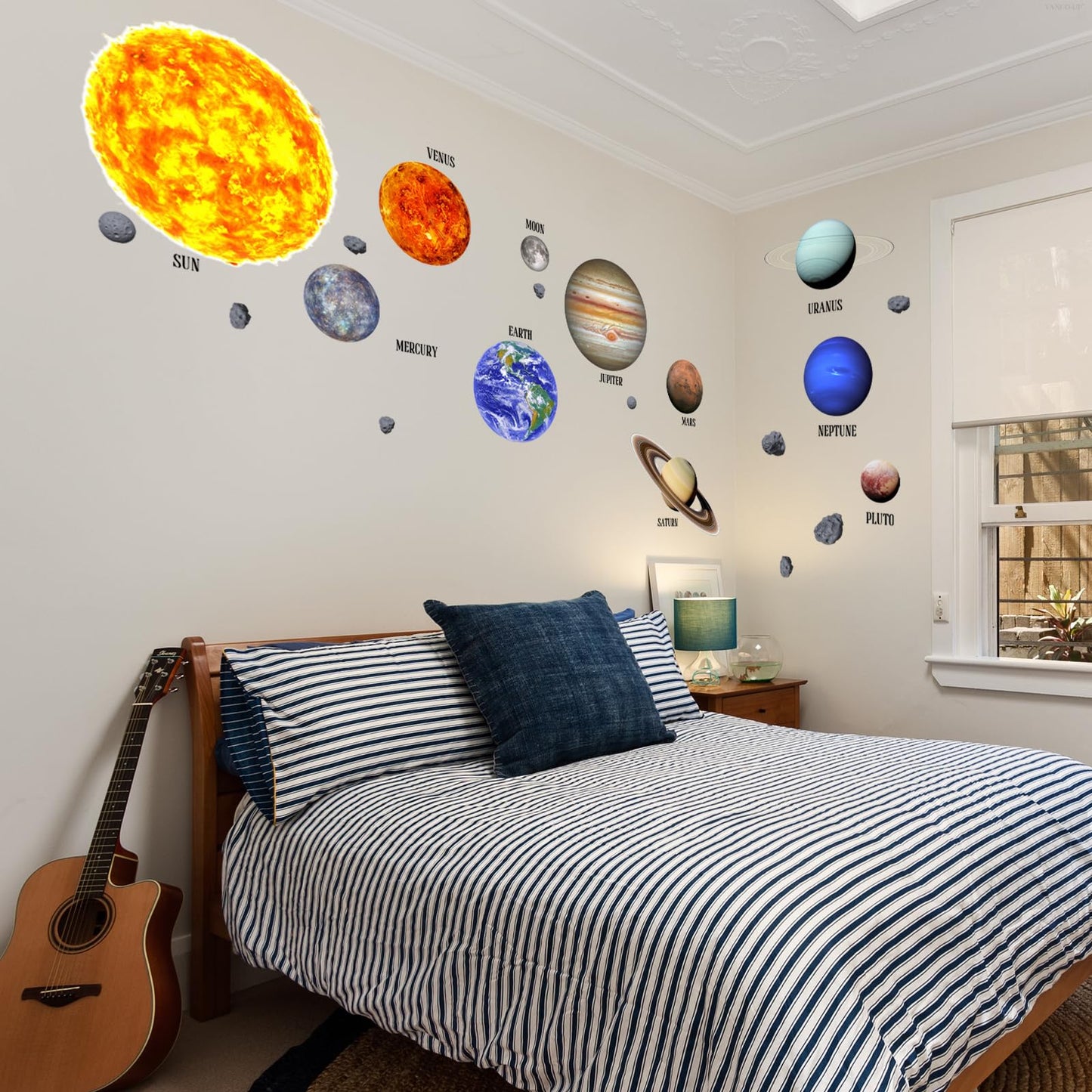 Solar System Wall Stickers Planets with Sun Decals Educational Theme Peel and Stick Astronomy Decals for Kids Room Bedroom Home Decor (Planets)
