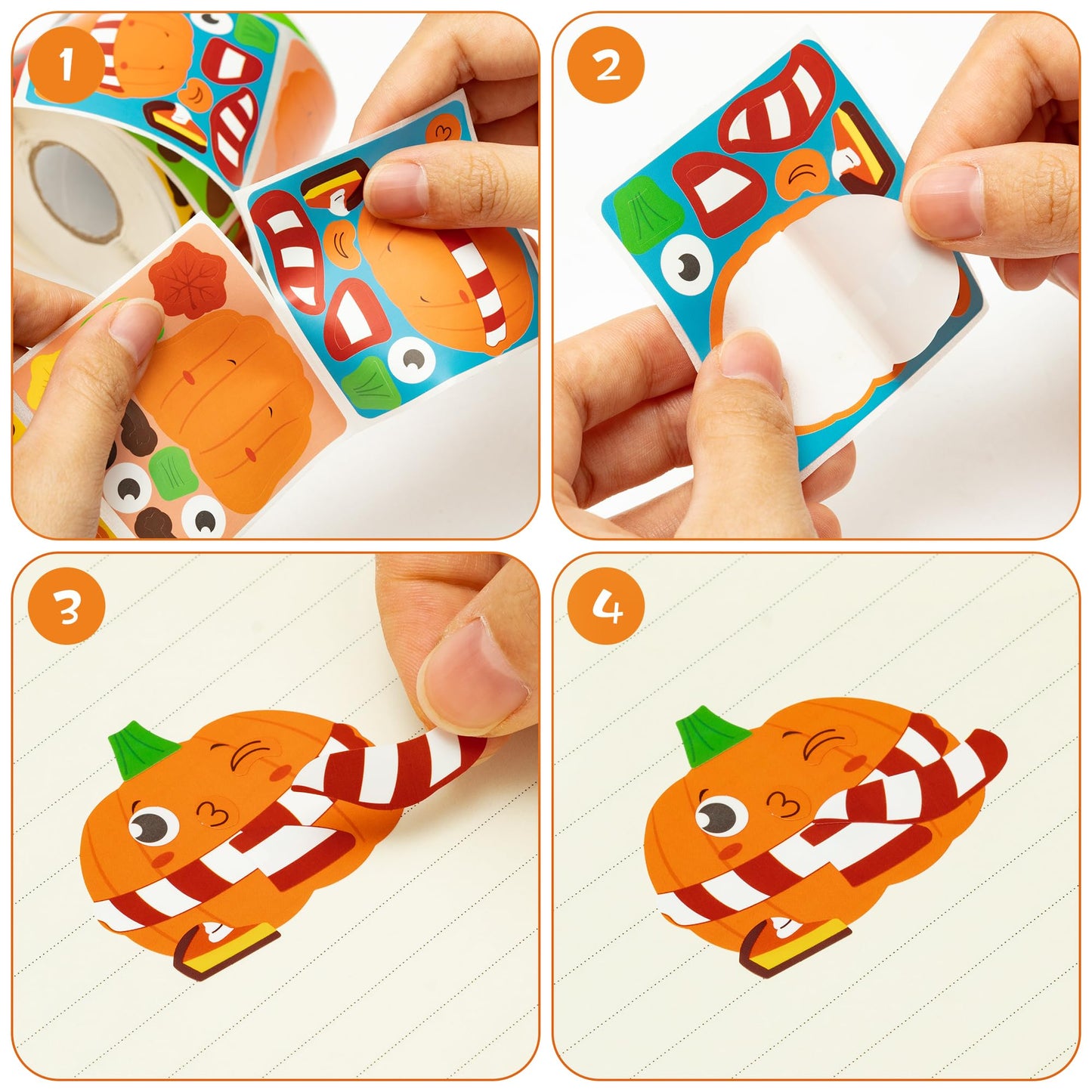 Haooryx Fall Pumpkin Stickers Roll - 300pcs Make Your Own Halloween Pumpkin Make A Face Waterproof Vinyl Reusable Laptop Stickers Scrapbook Water Bottle Page Activity Pad Autumn Party Favor Skateboard