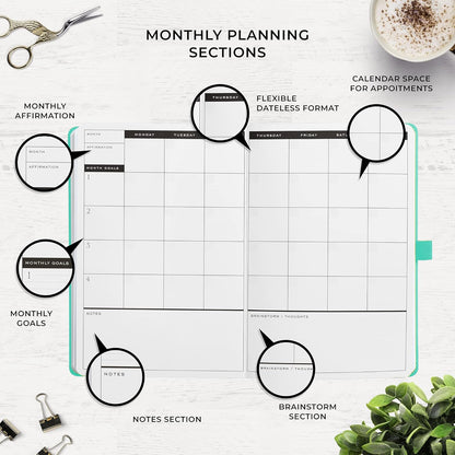 Smart Planner Pro – Undated Daily Planner – Small A5 – Achieve Goals & Increase Productivity – Weekly, Monthly, Work Sections, Organizer Diary with Back Pocket, 3 Satin Bookmarks & Pen Holder