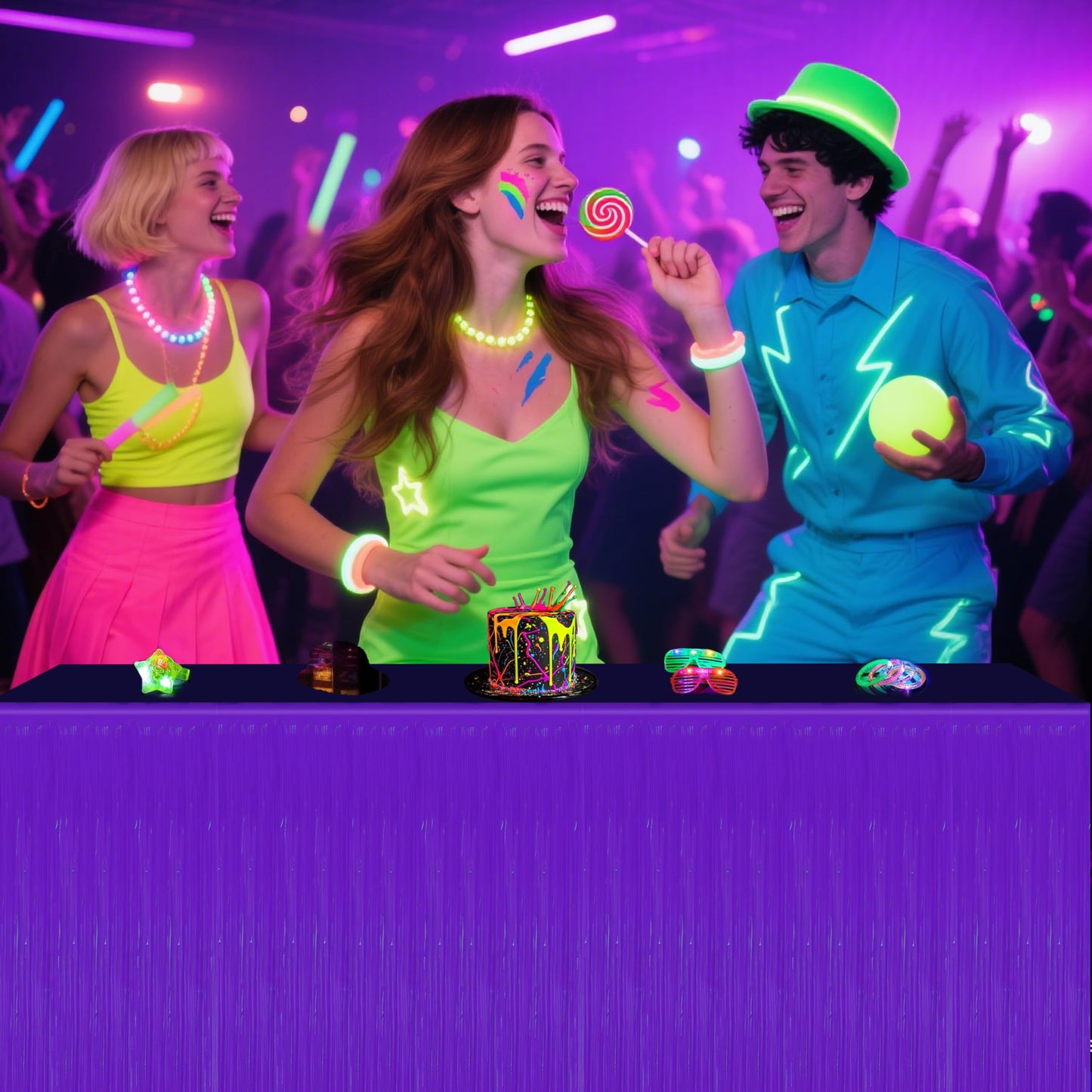 Glow in the Dark Party Supplies - 6Pack Neon Tinsel Fringe Table Skirts Party Decoration， 31.5"x118" UV Reactive & Fluorescent Neon Streamers for Birthday, Rave, Blacklight & Glow Event