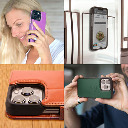 Dreem Wallet Case for iPhone 15 Pro, Revolutionary Vert/Hor Phone Stand, Magnetic Detachable Vegan Leather Flip Cover RFID Blocking Card Holder, MagSafe-Fit, Gift Box [Fibonacci: Caramel]