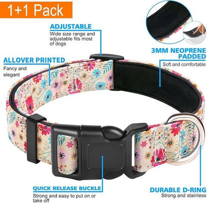 Ladoogo Reflective Dog Collar Padded with Soft Neoprene Breathable Adjustable Nylon Dog Collars for Small Medium Large Dogs (Medium (Pack of 1), Vanila/Pink Floral Collar+Leash)