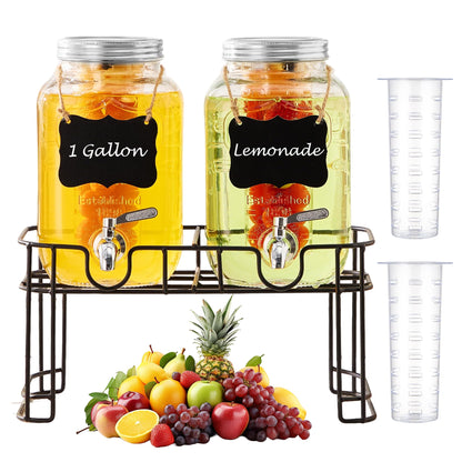 1 Gallon Glass Beverage Dispenser Set of 2 with Stand & Fruit Infuser, Stainless Steel Spigot, Beverage Dispenser for Parties, Weddings, BBQs, Lemonade, Sun Tea, Juice & Cold Drinks