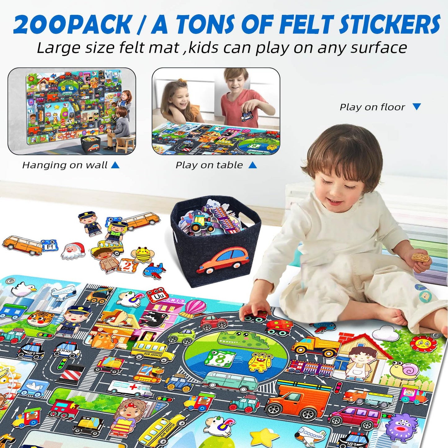 200 PCS Felt Board Story Set for Toddlers with Storage Bag City Car Traffic Themed 40 X 28 inch Teaching Wall Flannel Board Kit for Preschool Activity Early Learning Interactive Storytelling(Darkgrey)