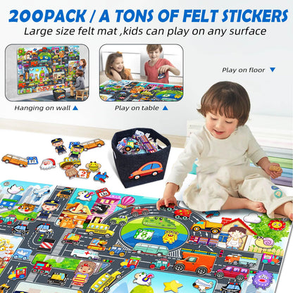 200 PCS Felt Board Story Set for Toddlers with Storage Bag City Car Traffic Themed 40 X 28 inch Teaching Wall Flannel Board Kit for Preschool Activity Early Learning Interactive Storytelling(Darkgrey)