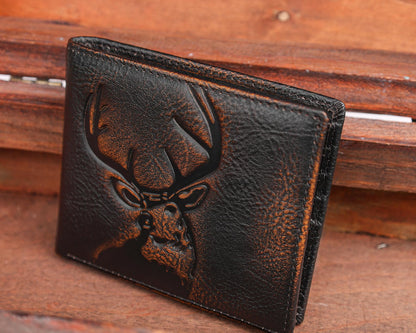 DK86 Deer Bifold Wallet for Men RFID Blocking Full Grain Leather With Hand Burnished Extra Capacity Multiple Card Slots with 2 ID Windows (black orange with deer)