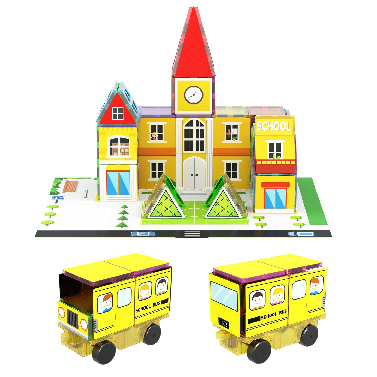 PicassoTiles 3-in-1 Theme Set School Hospital Police Station Magnet Self Adhesive Backing Stick-On Sheet Combo w/Car Magnet Building Block Playset STEM Learning Construction Brain Development Kit