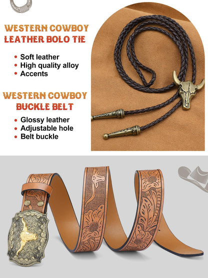 Cutecrop 4 Pcs Western Cowboy Outfits for Men Suede Leather Vest Hat Bolo Tie Belt for Western Halloween Cosplay(Medium,Brown)