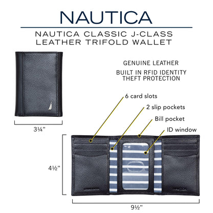 Nautica Mens Classic Trifold Wallet | RFID Blocking Protection | ID Window | 6 Card Slots | 2 Slip Pockets | Genuine Leather | Organization | Durable | Stylish - Brown