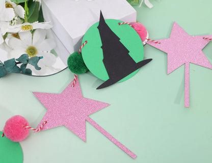 Witch Garland Banner – Pink Fairy Wand and Witch Hat Garland with Pom Poms, Halloween Magic Party Decorations for Girls Birthday, Wizard Theme Decor