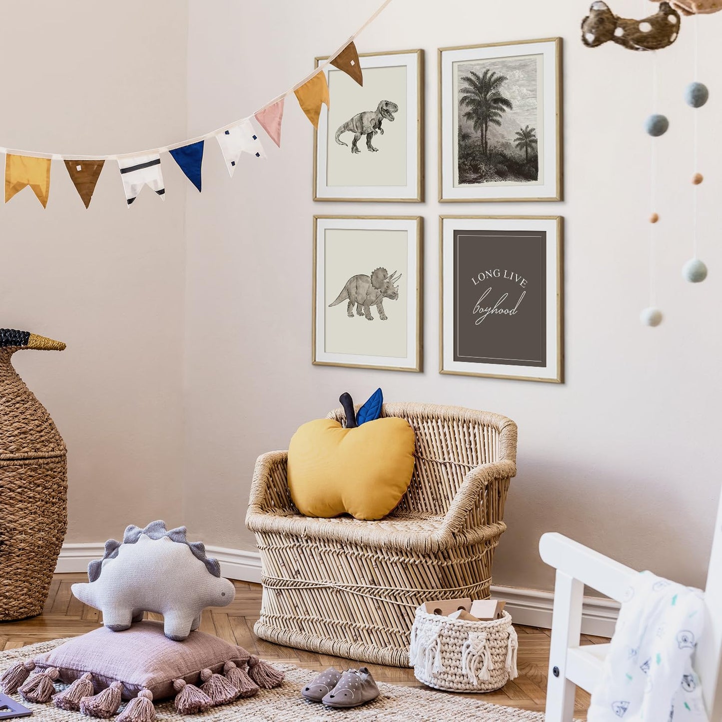 VONTP Retro Dinosaur Wall Art Decor, Long Live Boyhood, Dinosaur Nursery Decor for Boys Bedroom Living Room Dorm Toddler Decorations Teen Boy Kid Wall Decor, 8x10 Inch Set of 4 (Unframed)