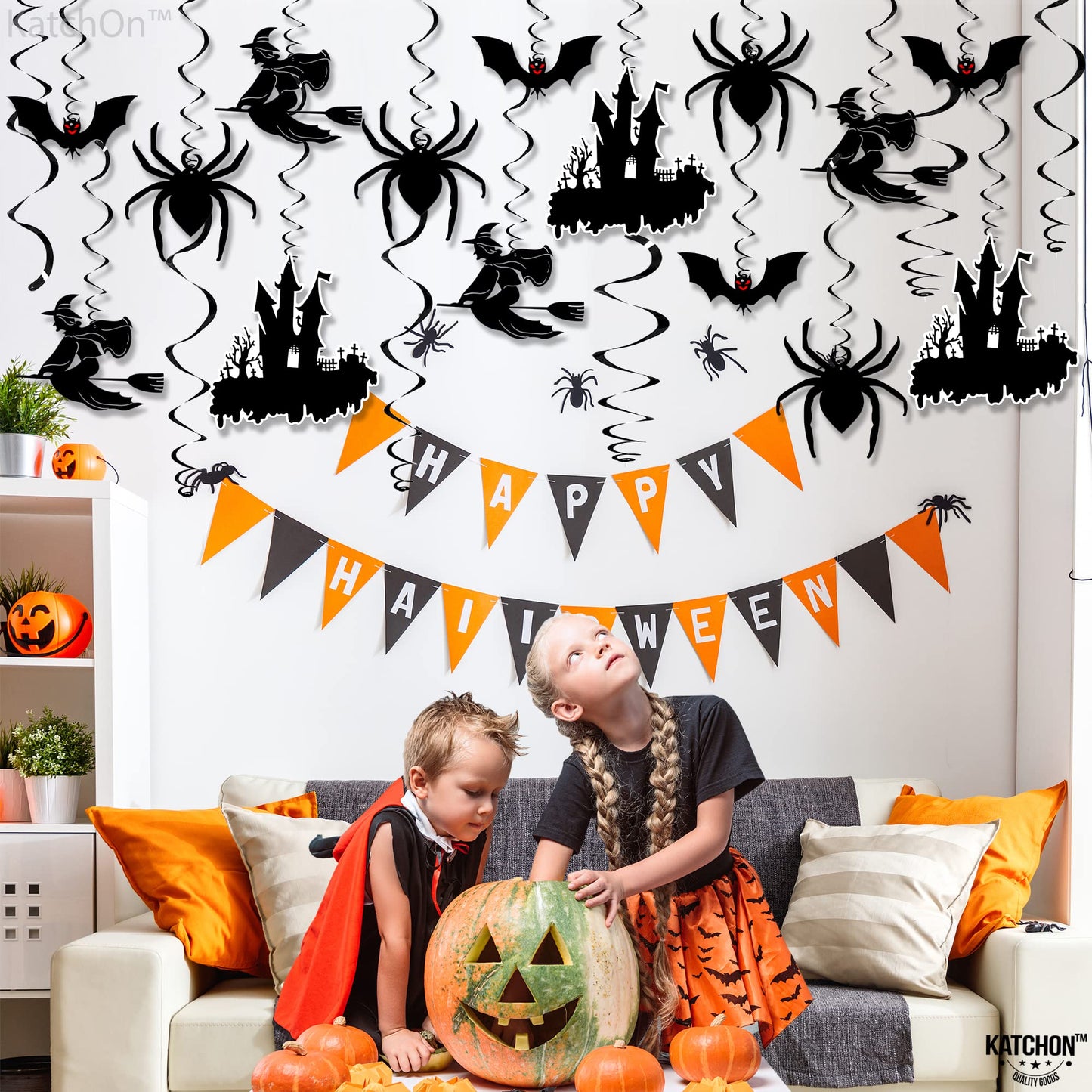 KatchOn, Scary Halloween Hanging Decorations - Large, Pack of 30 | Black Halloween Hanging Swirls for Halloween Ceiling Decorations | Halloween Swirl Decorations | Hanging Halloween Decorations Indoor