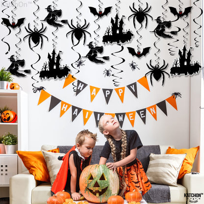 KatchOn, Scary Halloween Hanging Decorations - Large, Pack of 30 | Black Halloween Hanging Swirls for Halloween Ceiling Decorations | Halloween Swirl Decorations | Hanging Halloween Decorations Indoor