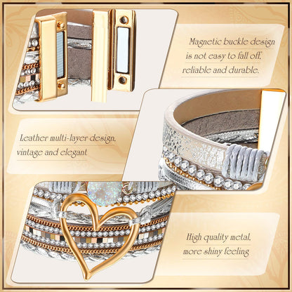 Yinkin 6 Pcs Boho PU Leather Wrap Bracelets for Women Stack Multi Layer Bohemian Cuff Bracelets trendy Jewelry Gifts(Stylish)