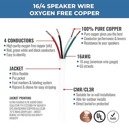 Elite 16/4 Speaker Wire 100ft, UL Listed, CMR/CL3R, (Riser/In-Wall & Outdoor/In-Ground (Direct Burial)- 100% Oxygen Free Pure Bare Copper (OFC), 16AWG/4-Conductor, 100ft Bulk Cable (65 strands), White