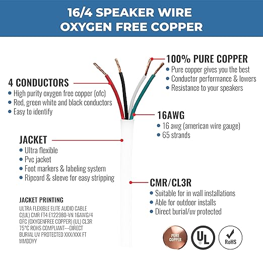 16/4 Audio Speaker Wire Cable, 16AWG/4-Conductor, UL Listed, CMR/CL3R, (Riser/in-Wall & Outdoor/In-Ground (Direct Burial)- 100% Oxygen Free Pure Bare Copper (OFC), 500ft Bulk Cable (65 Strands)