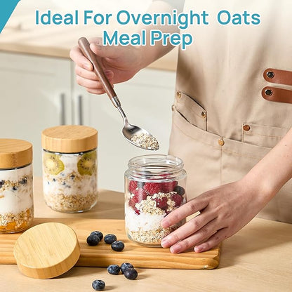 Vtopmart 8 Pack 16oz Glass Overnight Oats Containers with Bamboo Lids, Portable Wide Mouth Glass Jars Leak Proof, Reusable Glass Food Storage Containers for Yogurt Chia Pudding Salad Pickling Snacks