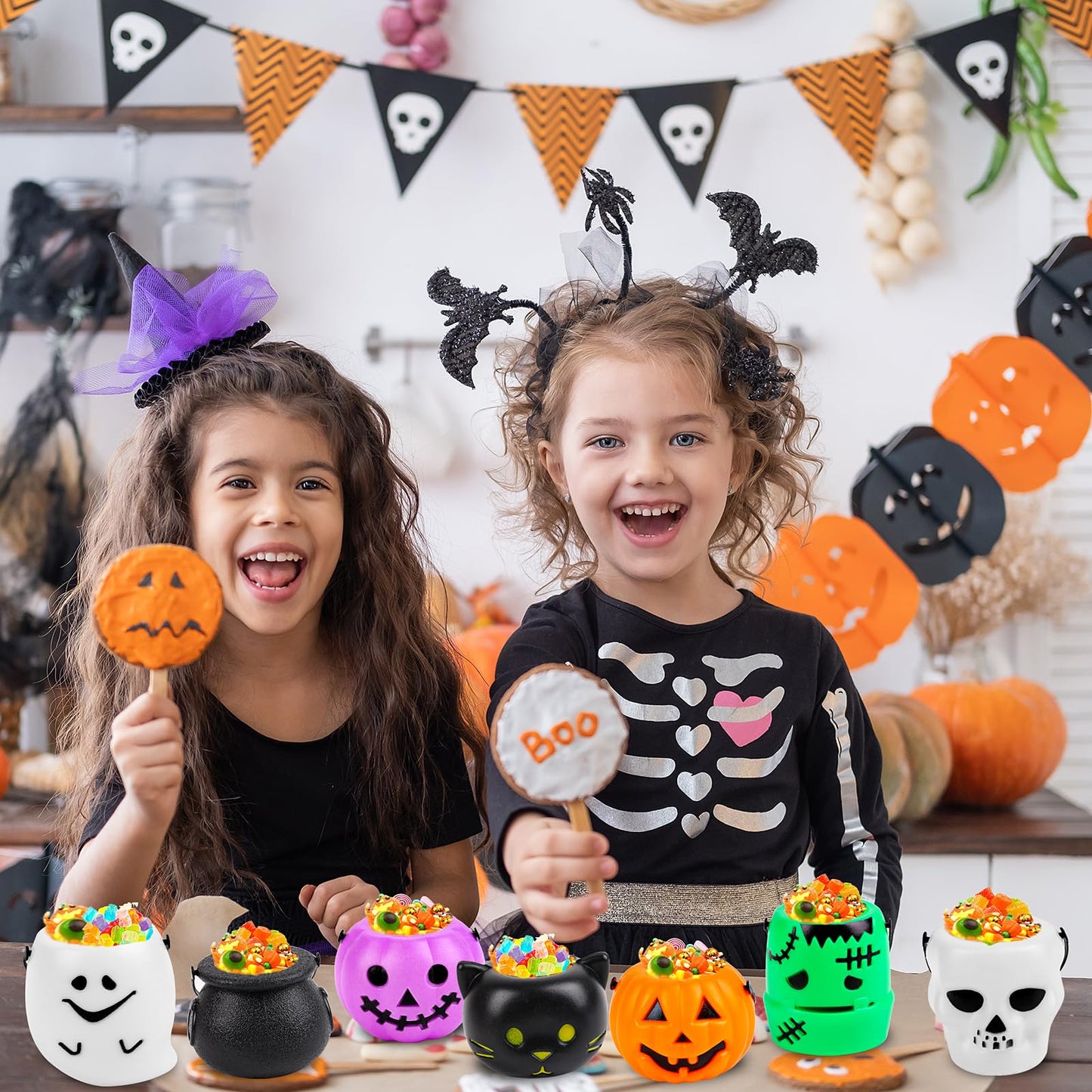 FOIMAS 14 Pack Mini Halloween Candy Cauldron,Pumpkin Ghost Candy Bucket Holder with Handles for Trick or Treat Halloween Party Favor Home Decoration Supply