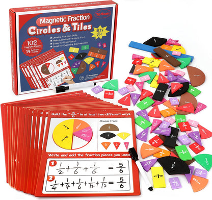 Torlam Magnetic Fraction Tiles & Fraction Circles Activity Set - Math Manipulatives for Elementary School - Fraction Magnets & Resources - Fraction Strips & Bars