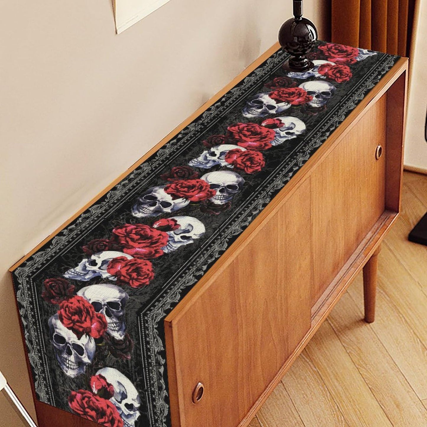 Gothic Table Runner, Rustic Dark Skull Damask Red Floral Flower Day of The Dead Halloween Retro Table Center Decor for Home Kitchen Dining Holiday Party Indoor Outdoor Table Decorations, 13" x 72"