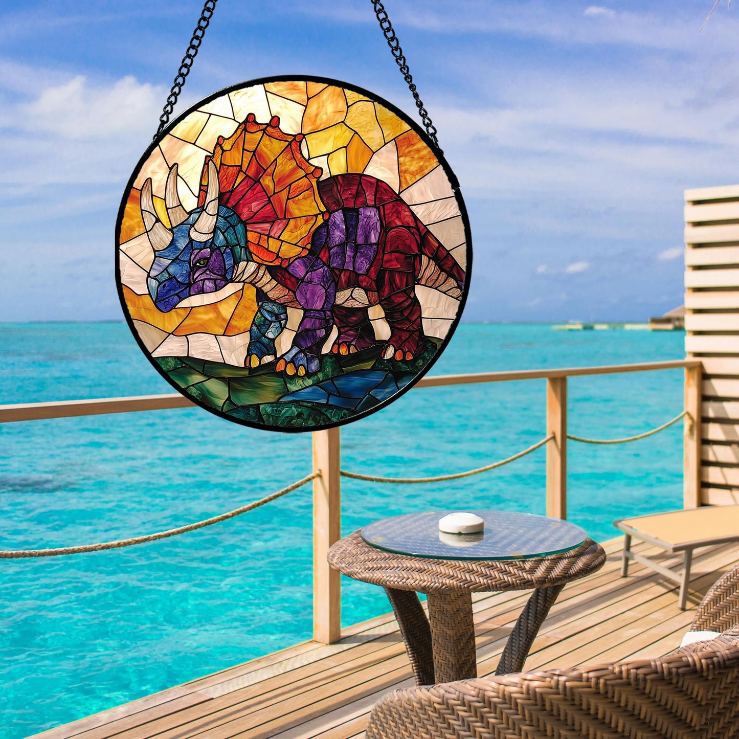 JOSUMALY Stained Glass Window Hanging - Triceratops Abstract Dinosaur Suncatcher for Door Terrace Garden Home Decor, Orange Red Sun Catcher Birthday Gifts for Lovers Women Men Dad Mom Nana 7.8 in