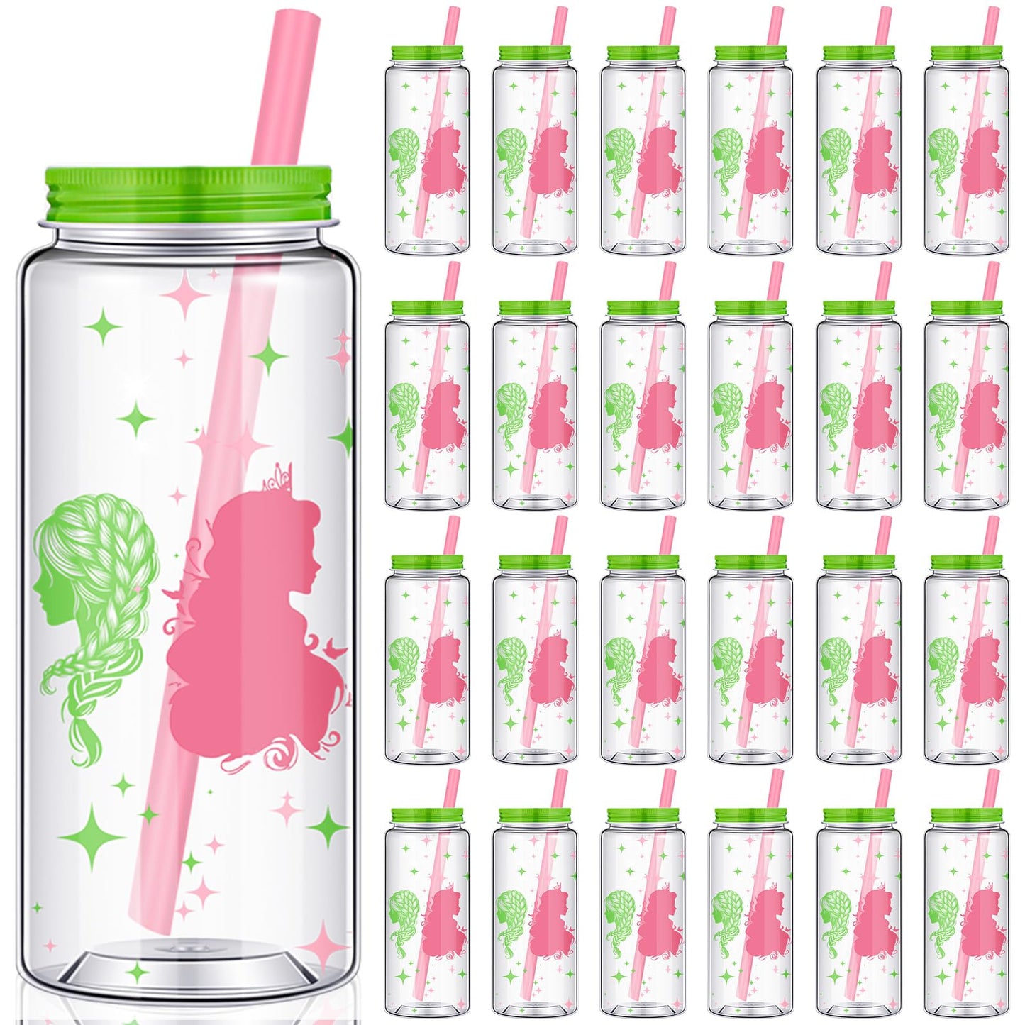 25 Pcs Witch Theme Party Decorations Bulk Reusable Plastic Cups 13.5 oz Pink and Green Drinking Tumblers with Lids Straws Witch Princess Party Favor Cup for Wizard Friendship Galentine Valentine Gift