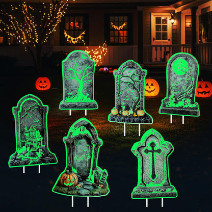 Halloween Tombstone Decorations Outdoor, 6PCS 14" Glow in the Dark Graveyard Yard Signs with Stakes, Haunted Gravestones Lawn Signs for Halloween Cemetery Garden Yard Decoration Supplies