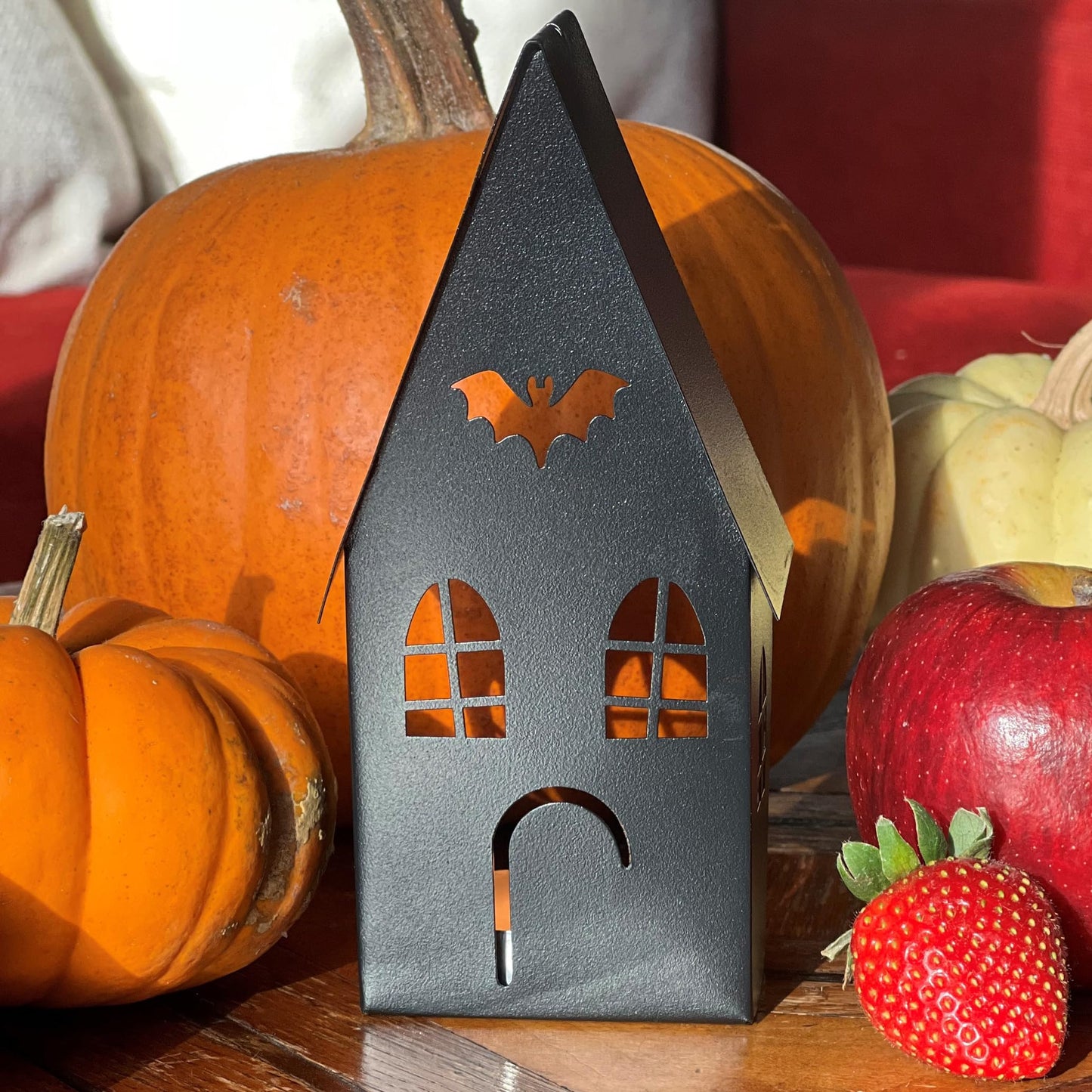 Spooky Halloween House Tea Light Candle Lanterns, Set of 2, Bat Black and Ghost Ivory, Metal, 6.25 and 4.75 Inches, Gabled Roof-Tops, Windows,