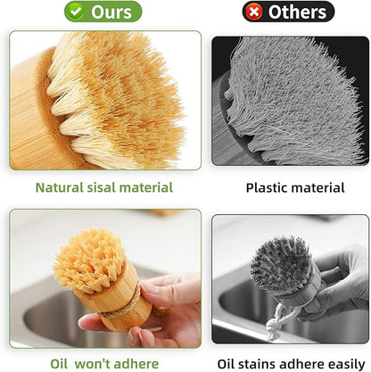 SUBEKYU Bamboo Dish Scrub Brushes, Kitchen Wooden Cleaning Scrubbers Set for Washing Cast Iron Pans/Pots, Set of 3