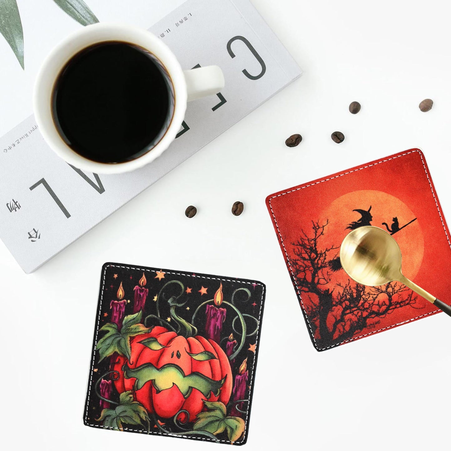 Marble Coasters Square Leather Drinks Coaster Set with Holder for Coffee Table Bar Home Decor 4 Inches Set of 6 (Halloween, One Size)
