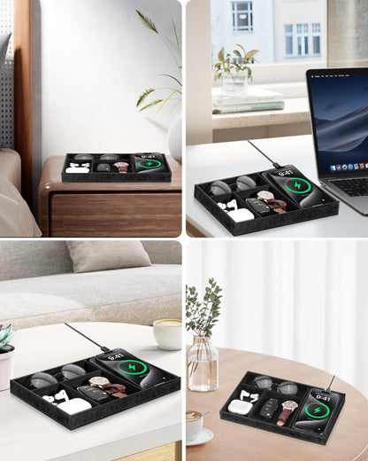 Investme Valet Tray with Wireless Charger, Nightstand Organizer for Men, EDC Catchall Tray for Keys, Watch, Wallet, Jewellery, Premium Vegan Leather, Bedside Caddy, Stylish and Organized, PU Black