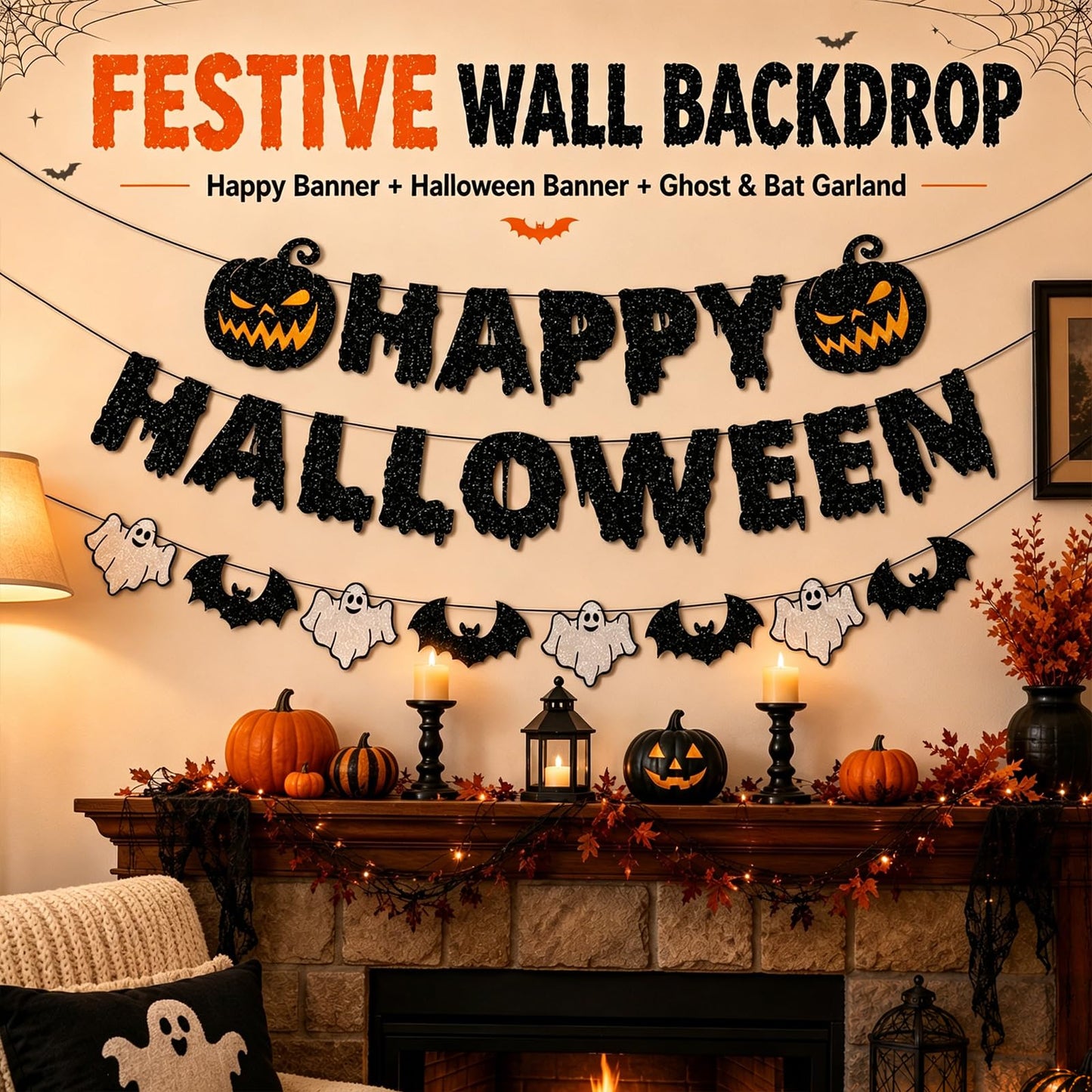 8Pack Halloween Decorations Indoor Halloween Decor, Spider Web Table Cloth/Black Lace Table Runner, Fireplace Mantel Scarf, Cobweb Lampshade with 3D Bat Wall Stickers, Halloween Spooky Home Decor.