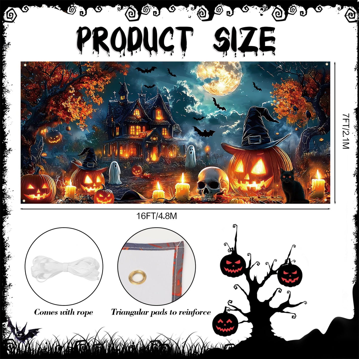 Remagr 7 x 16 ft Halloween Garage Door Banner Large Halloween Hanging Backdrop Door Cover Gloomy Skull Garage Wall Decoration Backdrop Mural for Party Wall Window Yard Outdoor Holiday