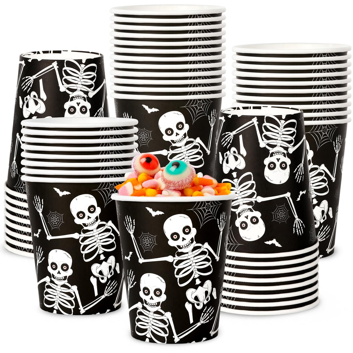 JarThenaAMCS 50Pcs Halloween Disposable Paper Cups 9oz Skeleton Party Cups for Coffee Juice Hot Cold Drinks Trick or Treat Party Supplies