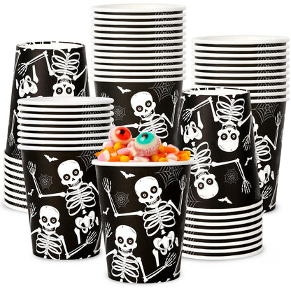 JarThenaAMCS 50Pcs Halloween Disposable Paper Cups 9oz Skeleton Party Cups for Coffee Juice Hot Cold Drinks Trick or Treat Party Supplies