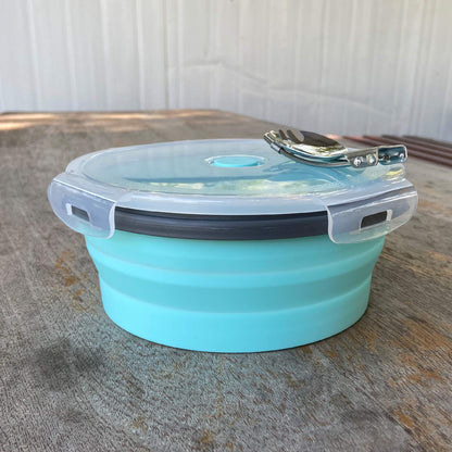 CCyanzi 1200ml Collapsible Camping Bowl Silicone Food Storage Container with Lid and Foldable Stainless Steel Fork Spoon, for Picnic, Travel, Camping, RV, Fridge and Microwave Bowls