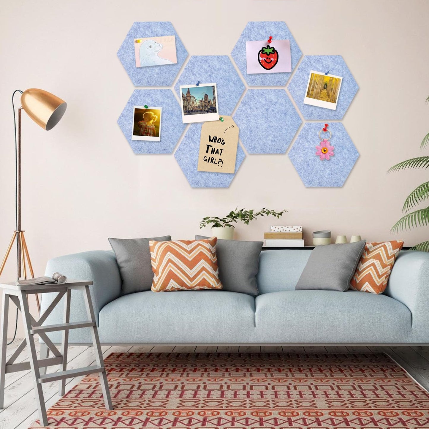 8 Packs Light Blue Hexagon Felt Pin Board, 12" Bulletin Board with 30 Push Pins, Felt Board for Home Kitchen Office Decor, Self-Adhesive Corkboard Tiles for Walls Message Photos Memos Display