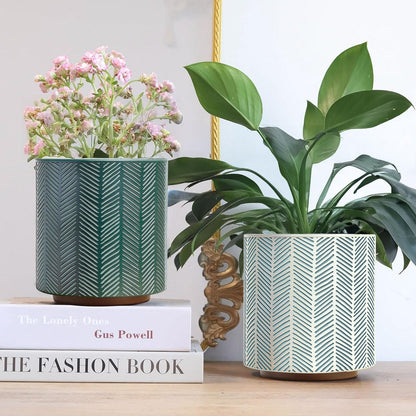 GUGUGO Slash Line Plant Pots, Boho Modern Geometric Planters Pots for Indoor Plants, Cute Unique Flower Pot with Drainage, Eclectic Colorful Small Succulent Planter Funky Gardening Pot Gifts, Green