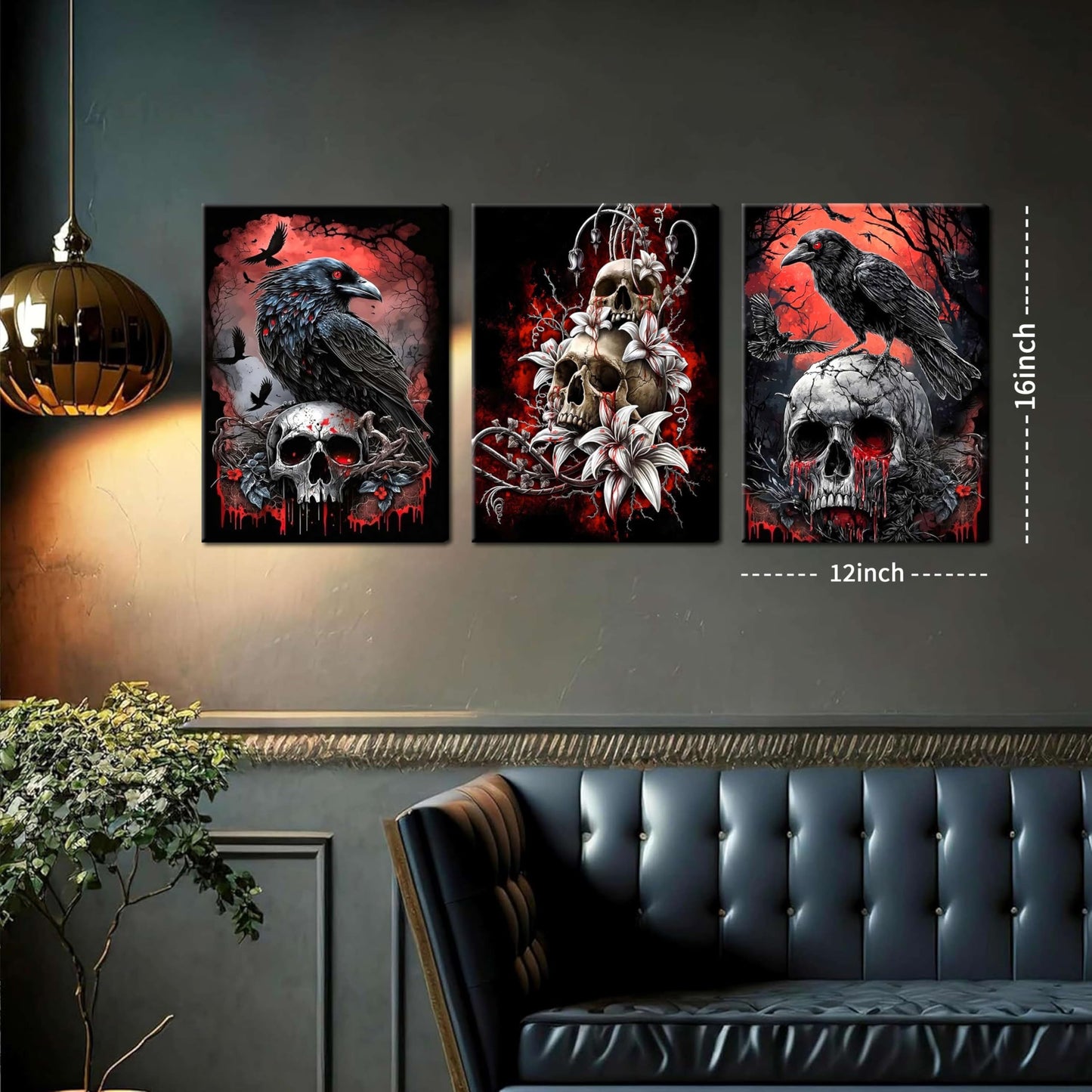 3 Piece Gothic Halloween Canvas Wall Art – Framed Dark Crow Floral Skull Prints, Spooky Romantic Aesthetic Gothic Pictures for Living Room, Bedroom, Bathroom Halloween Decor – 12x16in