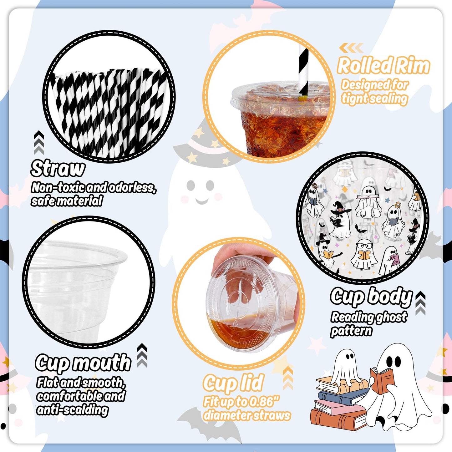 Whaline 50 Pcs Halloween Disposable Plastic Cups with Lids and Straws Spooky Reading Book Ghost Theme Cold Beverage Drinking Cups for Trick or Treat Birthday Party Supplies
