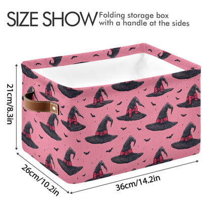 Wamika Halloween Witch Hat Storage Basket with Waterproof Liner and PU Handles Pink Bow Bowknot Bat Storage Bins Boxes 14.2" Collapsible Decorative Organizer Baskets for Bedroom Closet Office 1 Pack