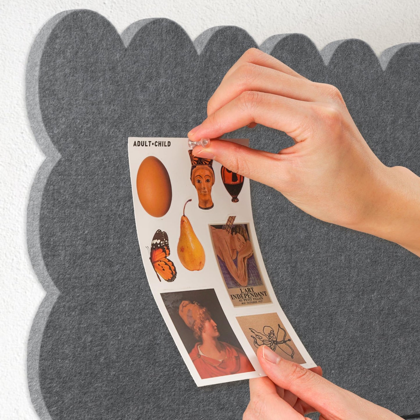 Lightomorrow Scalloped Bulletin Board, 24 x 18 Inches Felt Pin Board - Decorative Cork Alternative for Wall, Foldable Picture Self-Adhesive Vision Prayer Board with 20 Pushpins - Gray