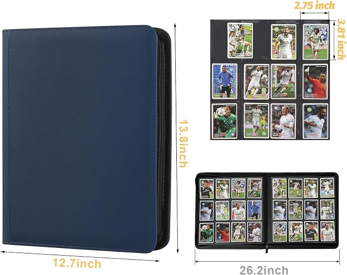 12 Pocket Ringless Side Loading Trading Card Binder, 720 Cards PU Fixed Page Zipper Card Album for TCG Sports Game Cards, Not Fit Top Loaders (Dark Blue)